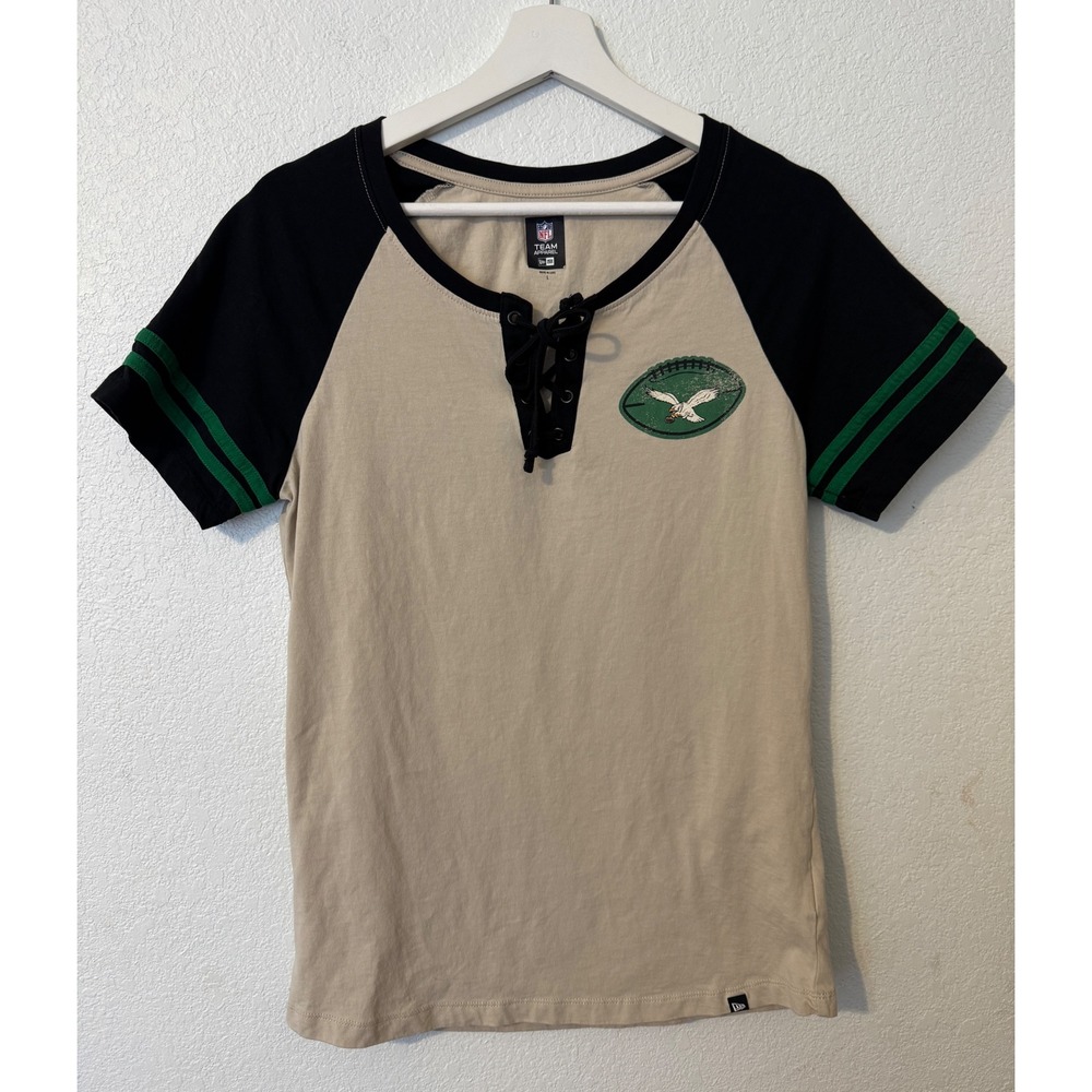 NFL Team Apparel Women's New Era Philadelphia Eagles Lace Up T Shirt Tan Green